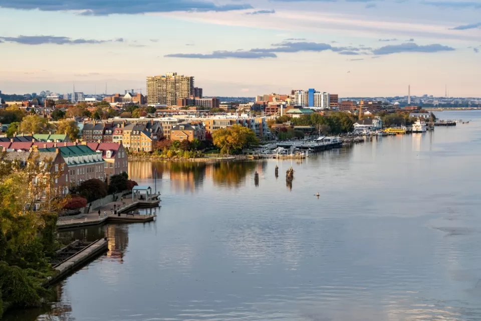 Aerial view of Alexandria, Virginia from over Potomac River
